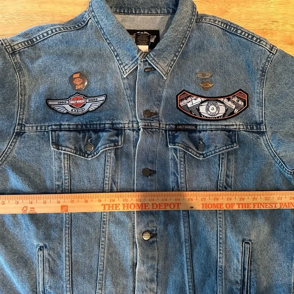 RARE Men's Harley Davidson Moto Waco TX Jean Jacket with Pins Patches Sz XL